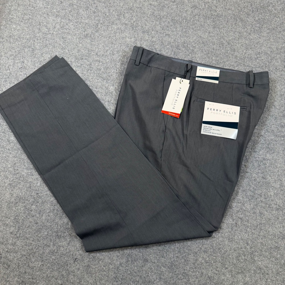 Perry Ellis Portfolio Mens Modern Fit Dress Pants 36x32 Smoke Grey Non Iron NWT